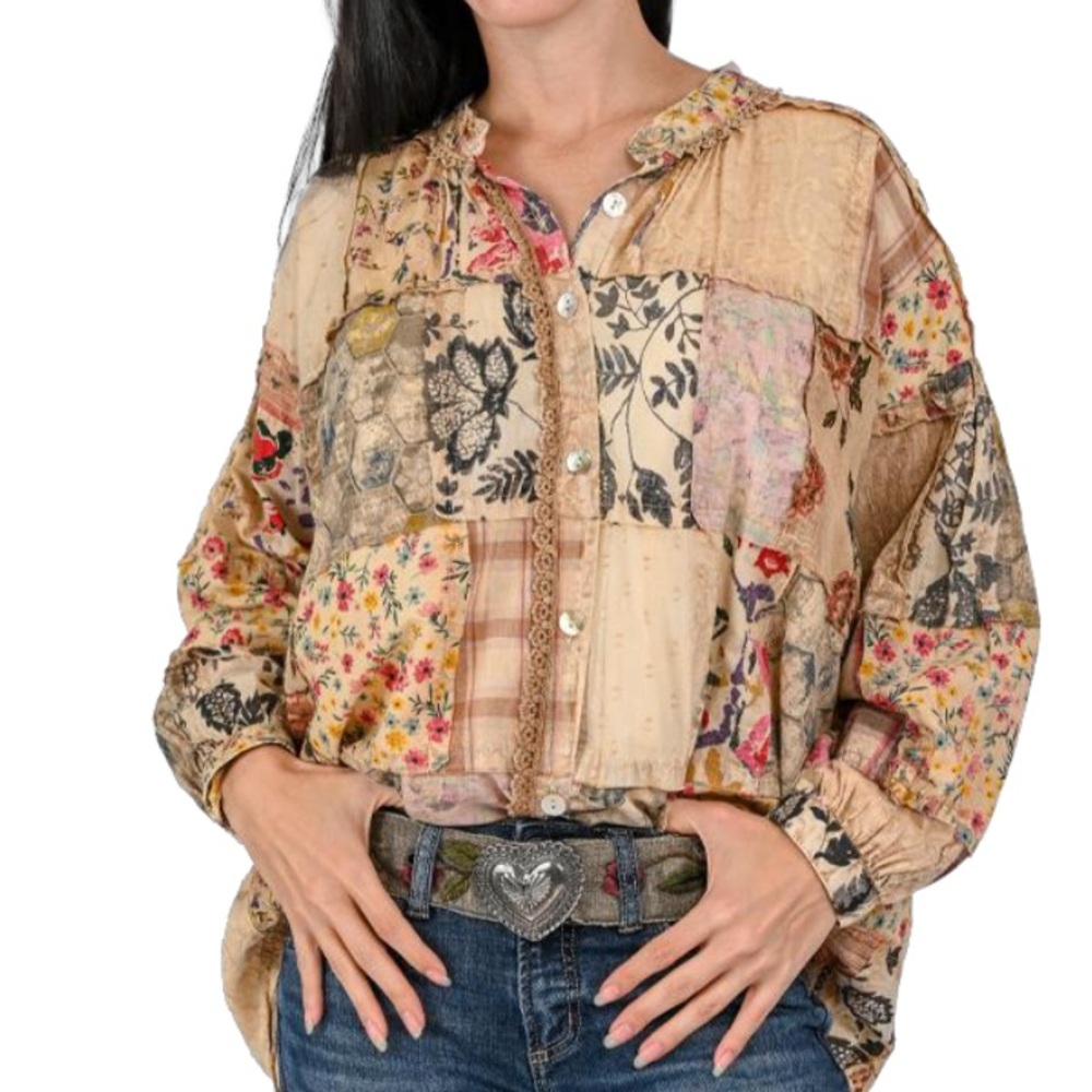 Boho Patchwork Button-Front Women's Top in Beige … - image 2